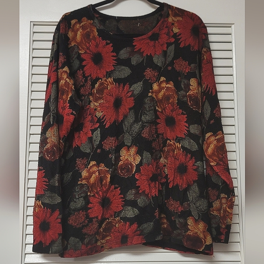 Cathy Daniels (Plus-Size) Floral Long-Sleeve Sweater Top
